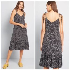 ModCloth LARGE It’s A Go Black White Polka Dot Ruffle Hem Midi Dress PARIS